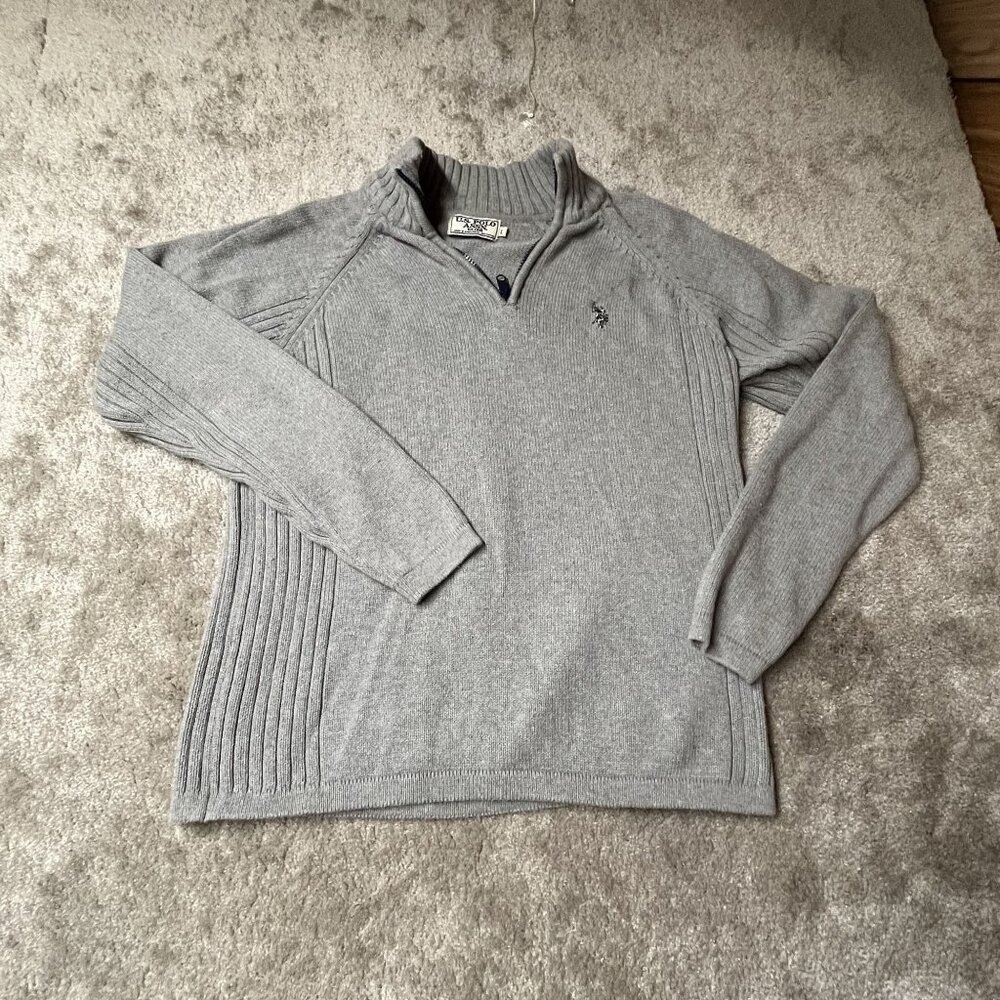 U.S. Polo Assn. Gray Knit Half-Zip Sweater Sz L 100% Cotton Mens Casual Pullover